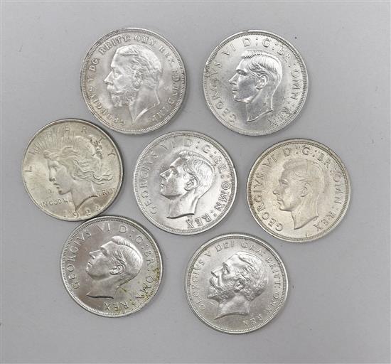 A George V 1933 crown, GVF, four 1937 crowns, a 1935 crown and a US dollar VF or better